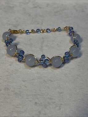 Gold-Tone Blue and White Glass Beaded Bracelet